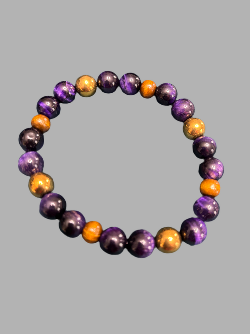 Men's Purple Tiger Eye, Wood, and Gold Hematite beaded bracelet