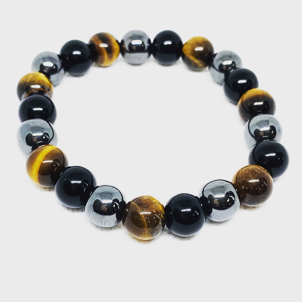 Unisex Hematite, Black Obsidian, and Tiger Eye Bracelet