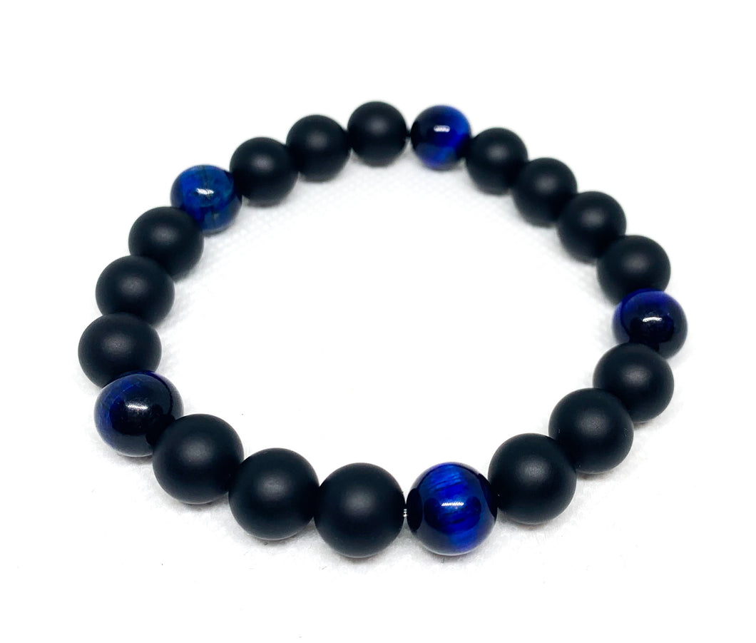 Mens Black Frosted Agate and Blue Tiger Eye Bracelet