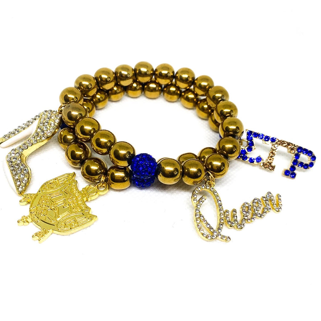 Sigma Gamma Rho Queen Gold Hematite Beaded Bracelet Set