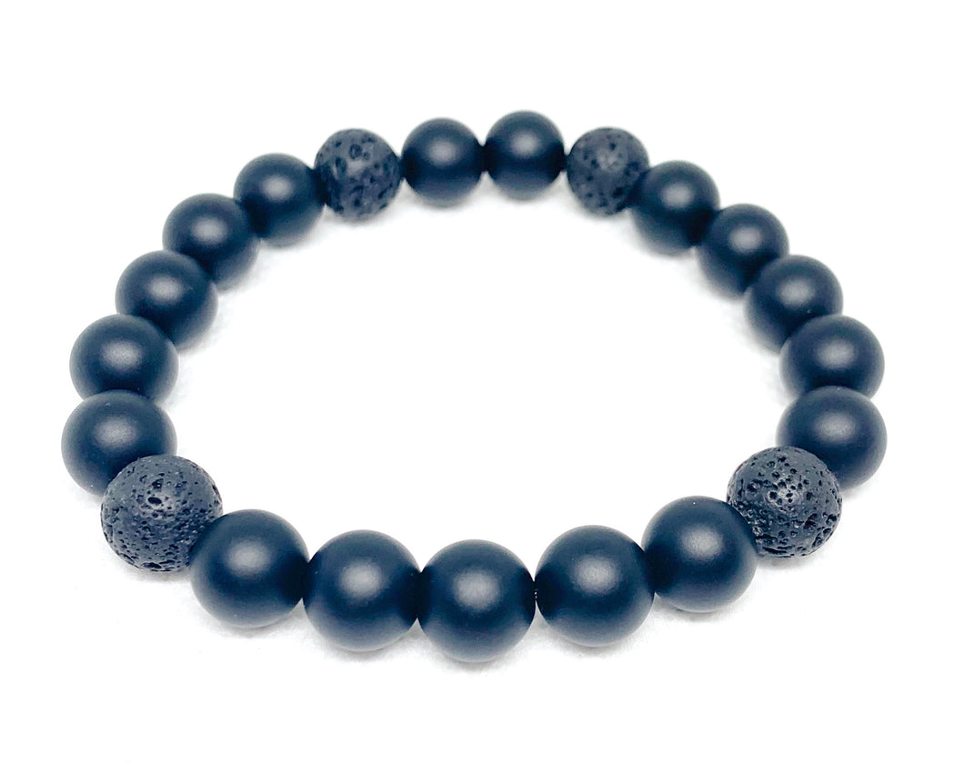 Mens Black Frosted Agate and Lava Stone Bracelet