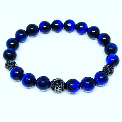 Men's Blue Tiger Eye Black Accent Bracelet