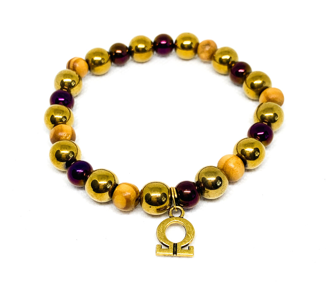 Omega Psi Phi Gold and Purple Hematite Wood Accent Bracelet