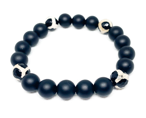 Mens Black Frosted Agate and DZI Bracelet