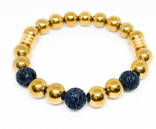 Mens Gold Hematite and Lava Stone Bracelet